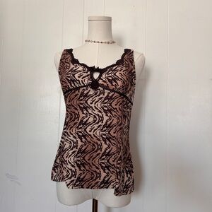 Y2k Boho Brown and Cream Cut out Lace Trim Cami Abstract print